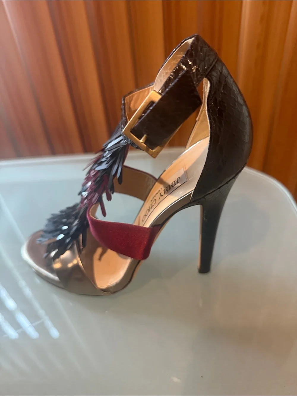 Jimmy Choo Metallic Bronze Sandal with Burgundy and Black Fringe
